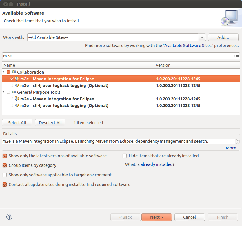 Screenshot of Install New Software dialog after selecting m2e for install.