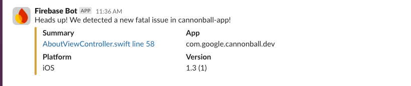 Example of a Crashlytics alert to a Slack channel